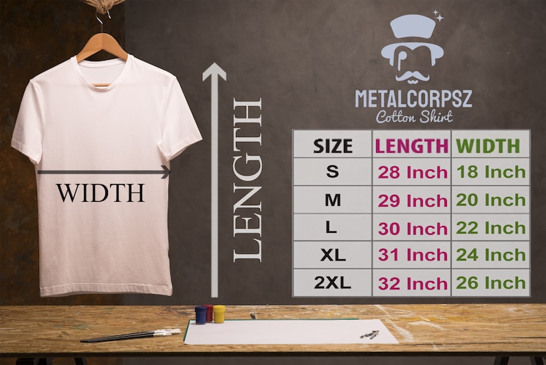 May include: A white cotton t-shirt with a size chart showing the length and width in inches for sizes S, M, L, XL, and 2XL. The chart is labeled "METALCORPSZ Cotton Shirt".