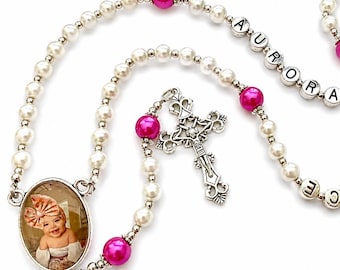 Personalized Memorial Rosary with Photo: Pearl Our Father Beads