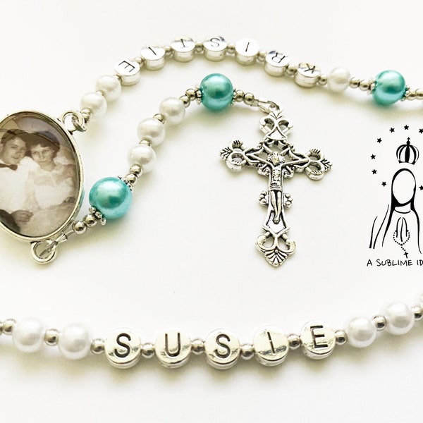 Memorial Rosary with Photo, Personalized Rosary, Pearl Rosary, Custom Rosary