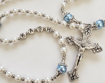 Personalized Baby Boy Rosary – Blue & White Beads, Baptism and First Communion Keepsake
