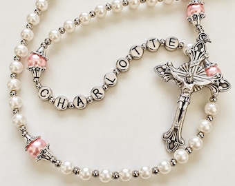 Baptism Gift for a Baby Girl | Personalized Catholic Rosary | Pink & White Pearl Rosary | First Communion Gift | Christening Gift