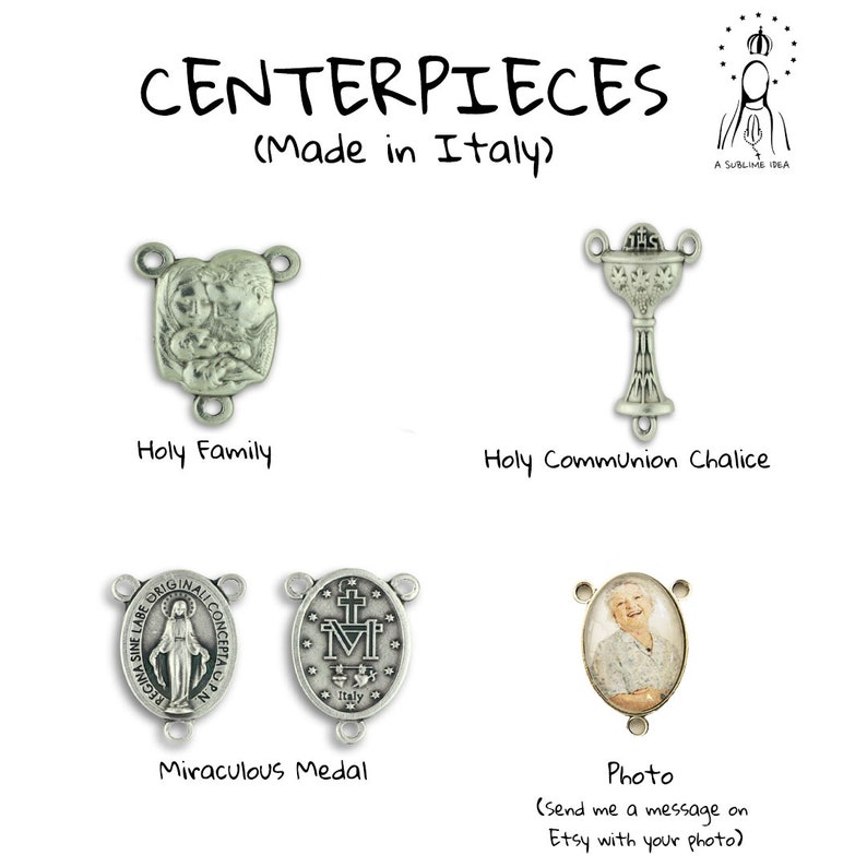 May include: A collection of silver-toned metal rosary centrepieces featuring the Holy Family, a Holy Communion chalice, a Miraculous Medal, and a custom photo frame. The text reads CENTERPIECES (Made in Italy) and A SUBLIME IDEA.