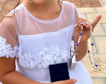 Baptism Gift for a Baby Girl | Personalized Rosary in White and Purple Pearls | First Communion Gift | Choose Your Colors Pink, Blue, Red