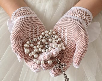 Personalized Pearl Rosary – Custom Name Baptism & First Communion Gift | Handmade Catholic Keepsake with Silver Crucifix
