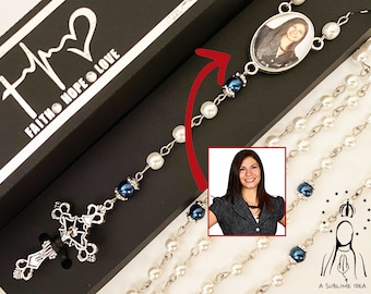 Memorial Rosary with Photo, Personalized Rosary, Pearl Rosary, Custom Rosary