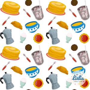 Könnte beinhalten: Ein sich wiederholendes Muster von Frühstücksartikeln auf weißem Hintergrund. Das Bild zeigt Stapel von Pfannkuchen mit Butter, Kaffeetassen, Croissants, Kaffeemaschinen und Gläsern mit Eiskaffee. Weitere Artikel sind Kekse, Löffel, Gabeln und gekochte Eier.