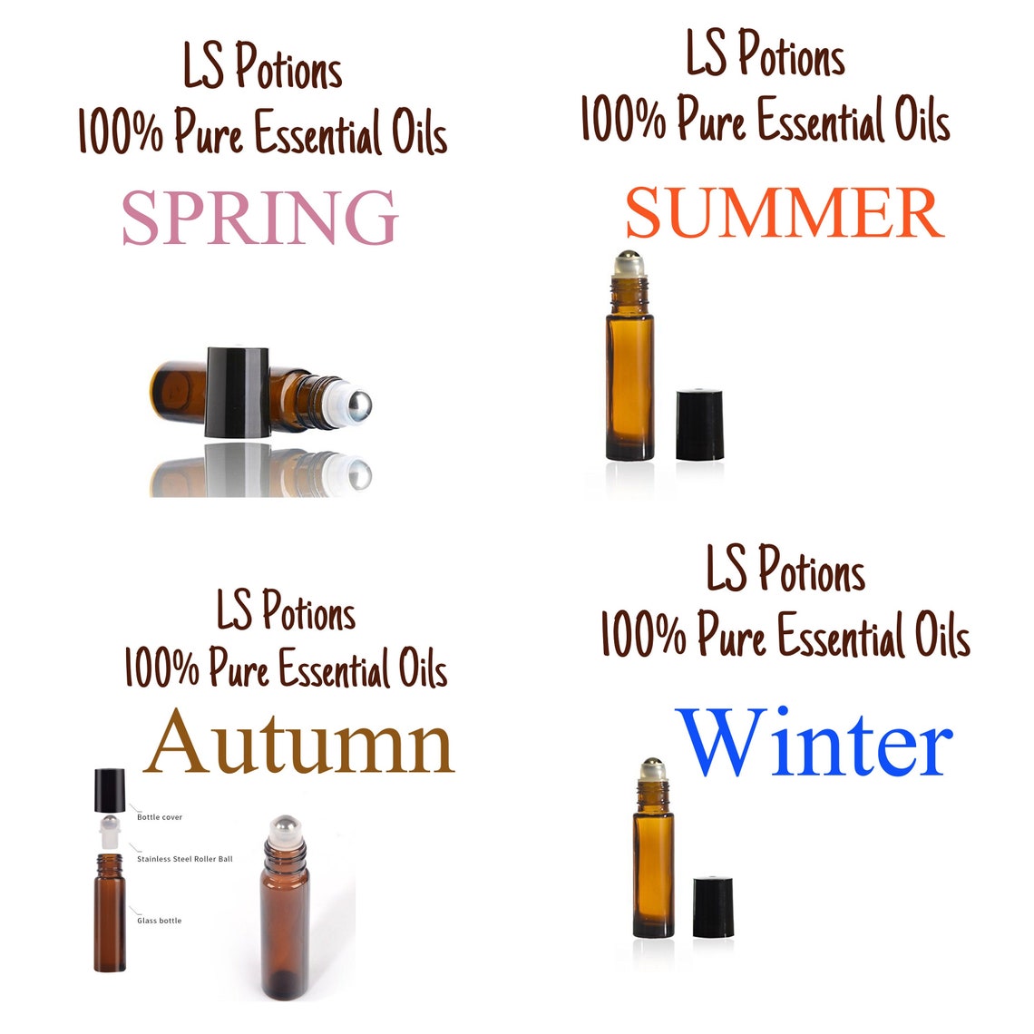Set of 4 Essential Oil Rollers 100 Pure Therapeutic Four Seasons Mood