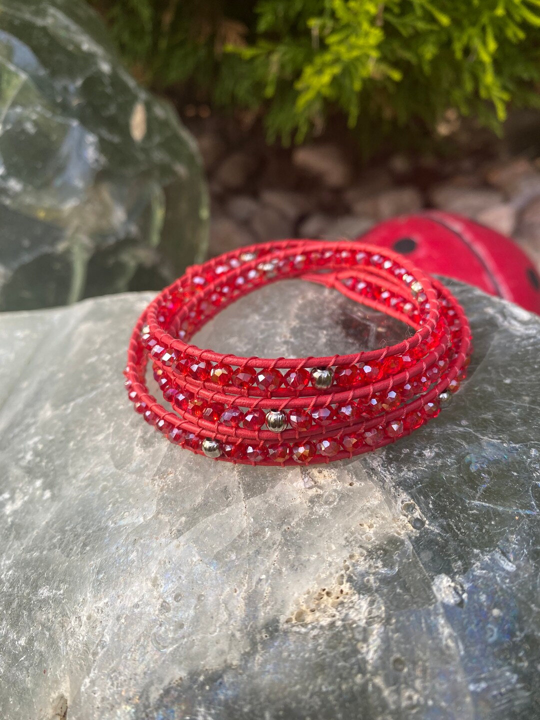 Crystal Beaded Wrap Bracelet,leather Wrap Bracelet,3 Wrap Bracelet,red