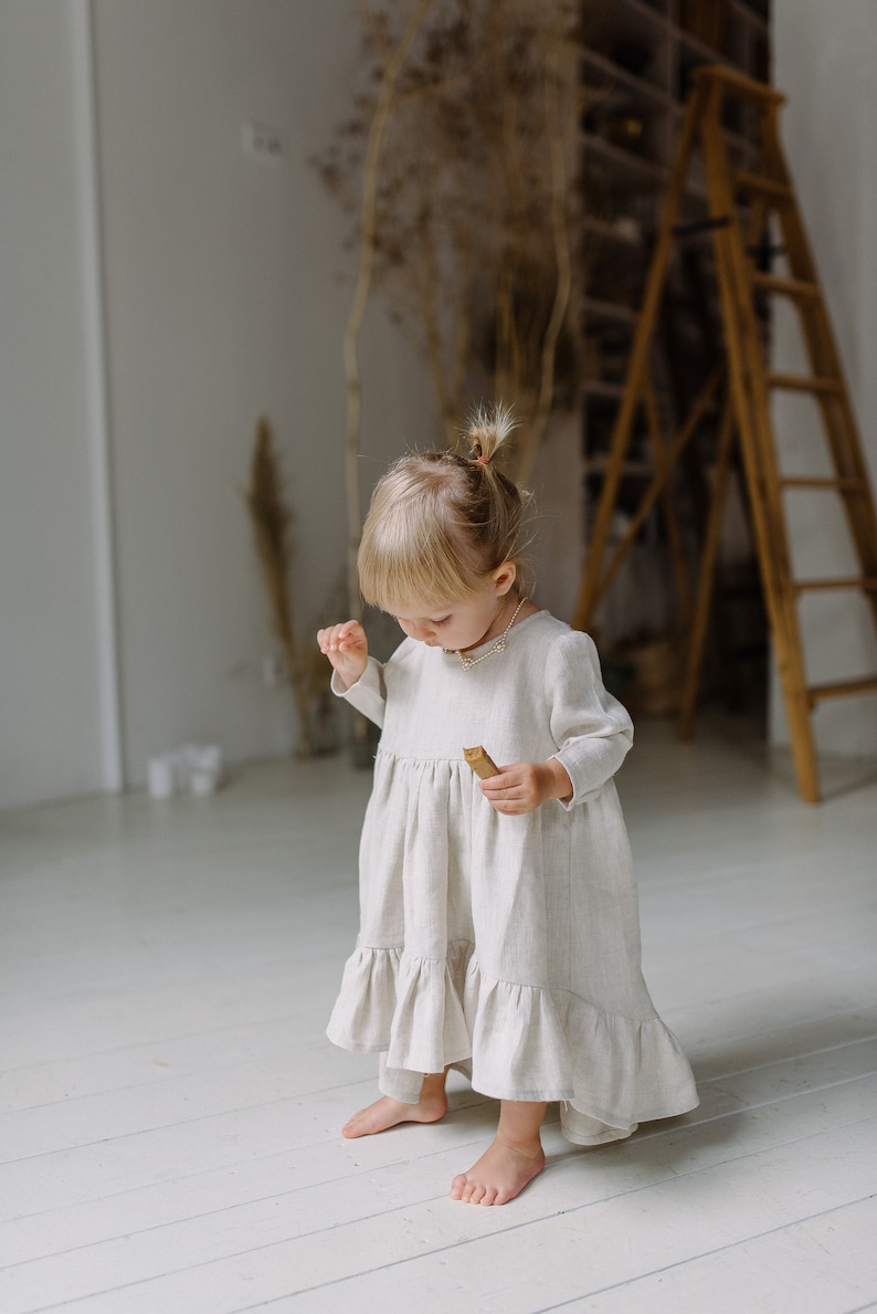 Baby Easter dress Toddler dress Beige girls Easter dress Linen Easter dress Spring dress Flower girl dress First Easter dress