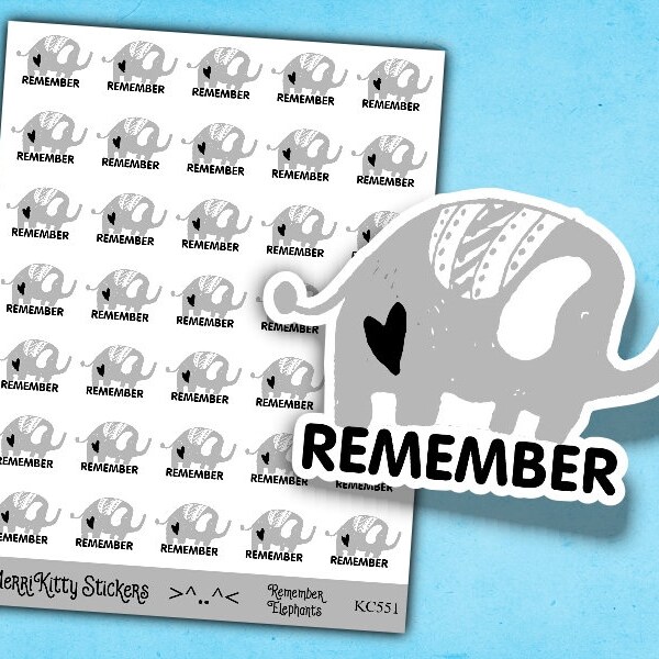 Remember Stickers - KC551 - Grey Elephant Stickers - Don't Forget Planner Stickers - Planner Sticker Sheet - Diary Journal Stickers
