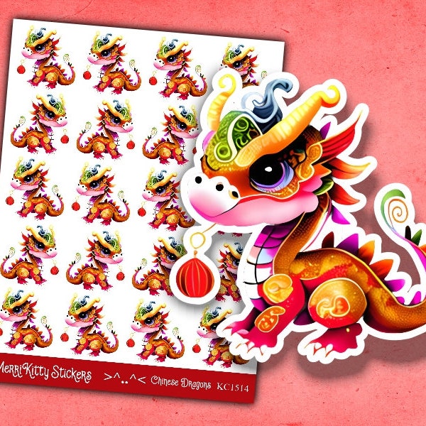 Cute Chinese Dragon Stickers - KC1514 - Watercolour Year of The Dragon Stickers - Chinese Dragon Sticker Sheet - Chinese New Year Stickers