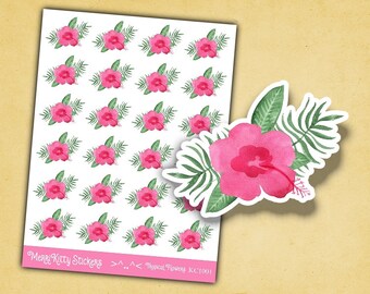 Watercolour Flower Stickers - KC1001 - Pink Tropical Flowers Sticker Sheet - Floral Stickers - Journal Stickers - Floral Planner Stickers