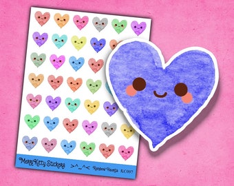 Kawaii Heart Stickers - KC097 - Cute Heart Stickers - Watercolor Rainbow Hearts Sticker Sheet - Kiss Cut Stickers – Journal Planner Stickers