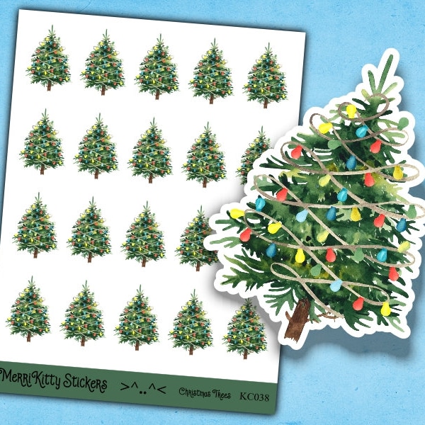 Christmas Tree Stickers - Christmas Stickers - KC038 - Watercolor Christmas Sticker Sheet - Xmas Journal Stickers - Xmas Planner Stickers