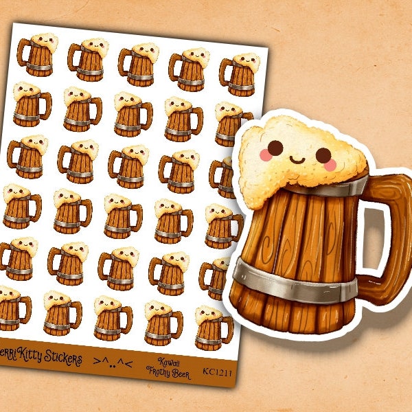 Kawaii Beer Stickers - KC1211 - Cute Beer Mug Stickers - Beer Stickers - Planner Sticker Sheet - Bullet Journal Stickers - Alcohol Stickers