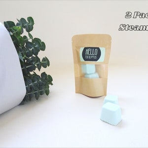 May include: A kraft paper bag with a clear window contains light blue cube-shaped bath steamers. The label reads "HELLO EUCALYPTUS". Two additional steamers are in front of the bag. The text "2 Pack Steamers" is above the bag. Green eucalyptus leaves are in the background.