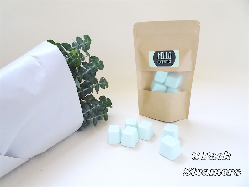 May include: A kraft paper bag with a clear window containing six light blue cube-shaped bath steamers. The bag has a label that reads "Hello Eucalyptus." Six additional steamers are arranged in front of the bag. A bundle of eucalyptus is wrapped in white paper.