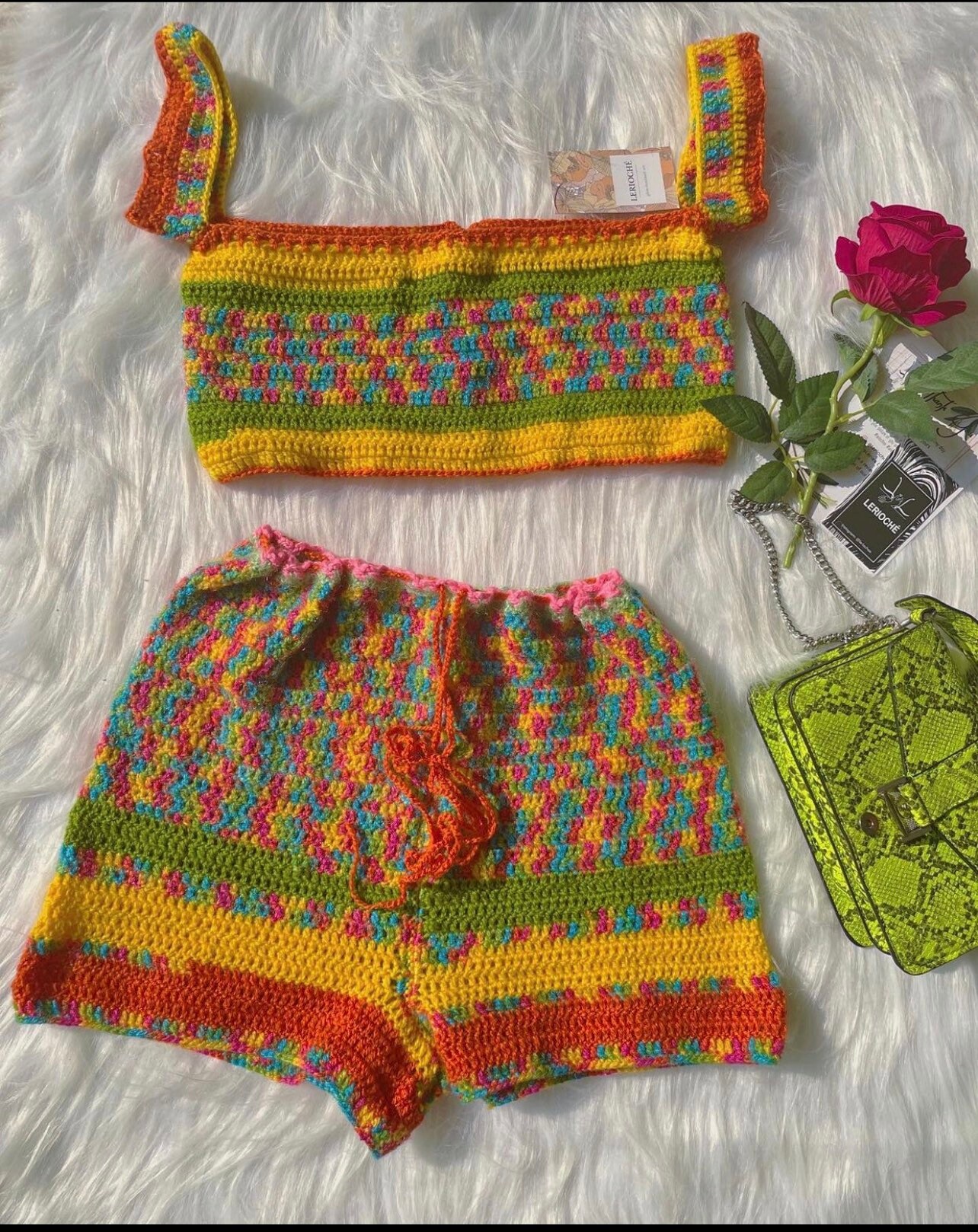 Multi-coloured Star Crochet Short Set 