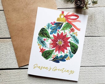 Botanical Watercolor Christmas Ornament Holiday Card, Size A2, Season's Greetings, Handmade Christmas Cards, Blank Inside, Gold, Red, Green