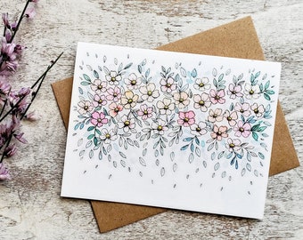 Pastel Flowers & Leaves Cards, Blank Handmade Watercolor Note Cards, A2, Pretty and Soft Floral Cards for Mom, Sister, Friend, Thank You