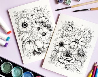 Create Your Own Botanical Watercolor Greeting Cards! Set of 2 DIY Floral Watercolor Coloring Card, Hand-Painted Wildflowers, 5x7, Gift Idea