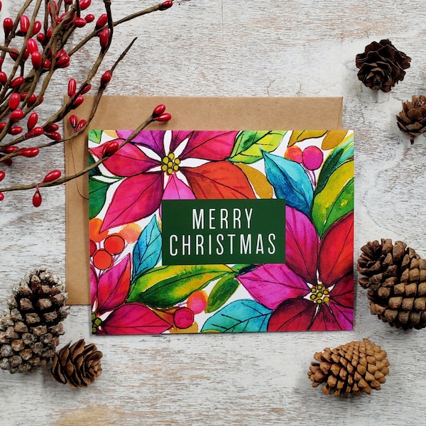 Elegant Poinsettias Christmas Cards, Bright Colorful Watercolor Florals, Merry Christmas, Luxury Xmas Cards, Festive Handmade Holiday Card