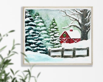 Red Barn in the Snow Fine Art Print, Snowy Winter Scene, Watercolor Landscape Painting, Christmas Wall Decor, Rustic Art for Farmhouse