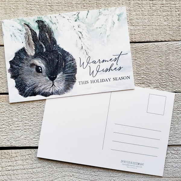 Holiday Postcards, Bunny in the Snow Warmest Wishes, 4x6 Printed Christmas Flat Cards, Handmade Watercolor, Snow Rabbit Winter Postcards