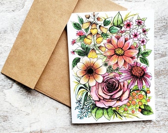 Pink & Orange Watercolor Wildflowers Greeting Card, Single or Set, Handmade Card for Flower Lovers, Mother's Day, Birthday, Thank You