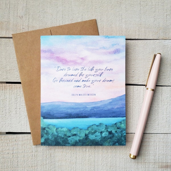 Congratulations Card "Dare to Live" Emerson Quote, Watercolor Sky Mountain Lake, Follow Your Dreams Card for Graduation, Retirement, New Job