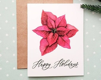 Red Poinsettia Happy Holidays Card, Size A2, Blank Inside, Handmade Watercolor Floral Holiday Card, Traditional Red & Green Christmas Cards
