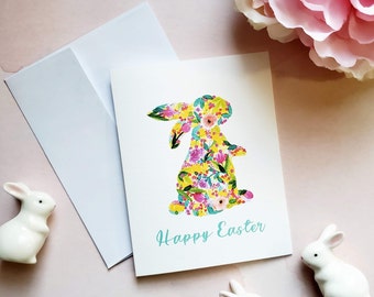 Botanical Easter Bunny Card, Single or Set, Handmade Watercolor Card, Floral Spring Bunny Rabbit Card, Bright and Cheery Card, Happy Easter