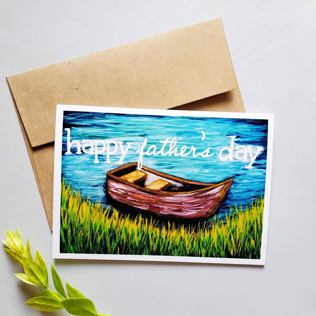 Father’s Day Fishing Boat Card, 5"x7", Watercolor &amp; Gouache, Wooden ...