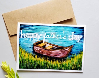 Father’s Day Fishing Boat Card, 5&quot;x7&quot;, Watercolor & Gouache, Wooden Boat on Pond, Happy Fathers Day, Nature Card for Dad, Husband, Grandpa