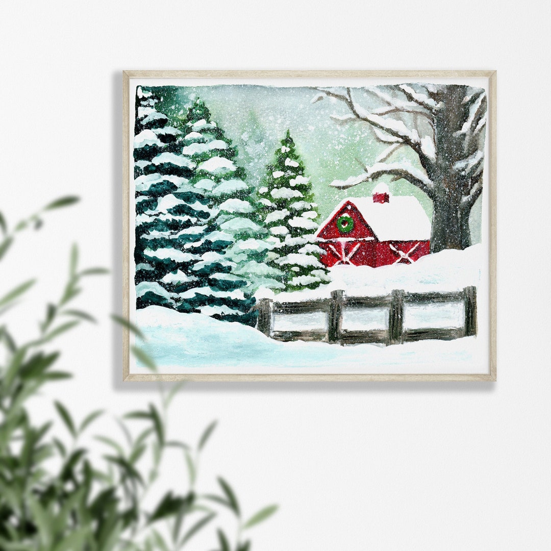 Red Barn in the Snow Fine Art Print, Snowy Winter Scene, Watercolor ...