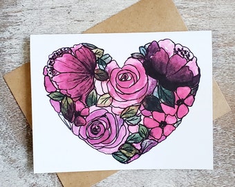 Floral Heart Greeting Cards, Single or Set, Watercolor Roses & Peonies, Pretty Handmade Love Cards for Valentines, Anniversary, Friendship