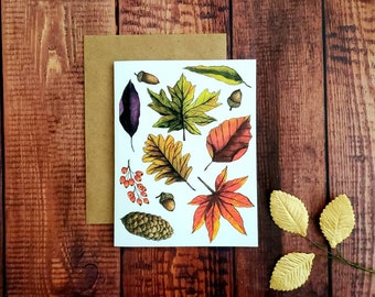 Autumn Leaves Card, Size A2, All Occasion Card, Single or Set, Handmade Watercolor Fall Greeting Card with Colorful Leaves, Acorn, Pine Cone