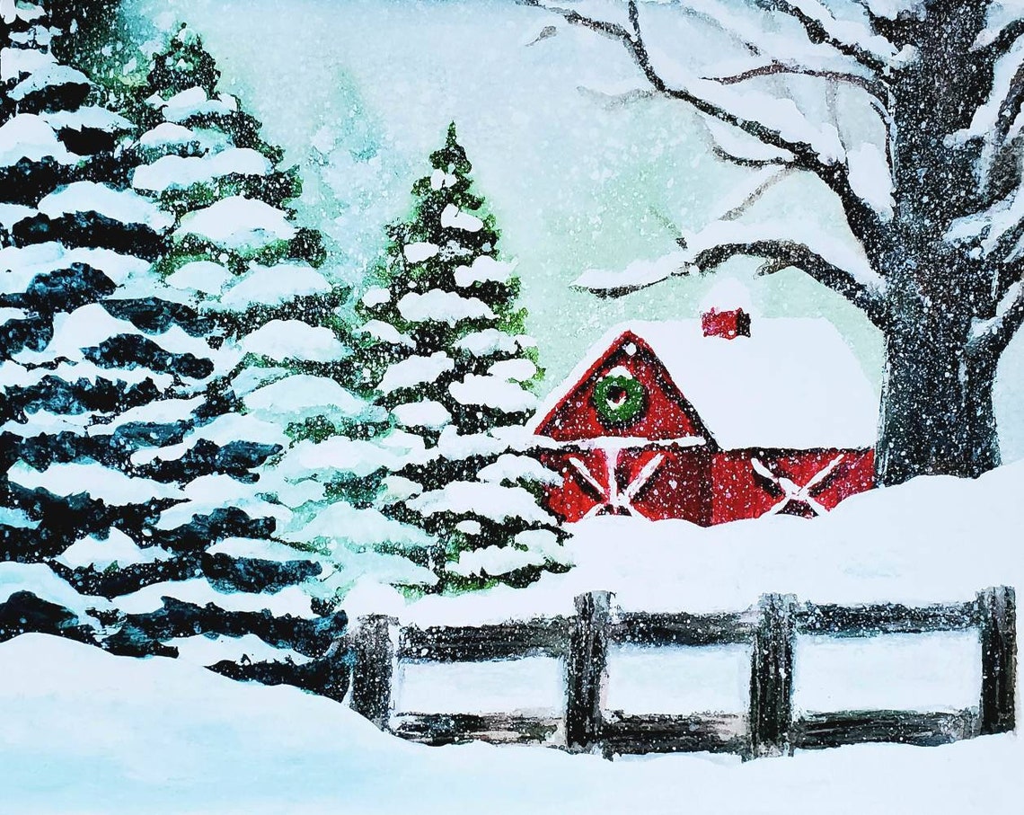 Red Barn in the Snow Fine Art Print, Snowy Winter Scene, Watercolor ...