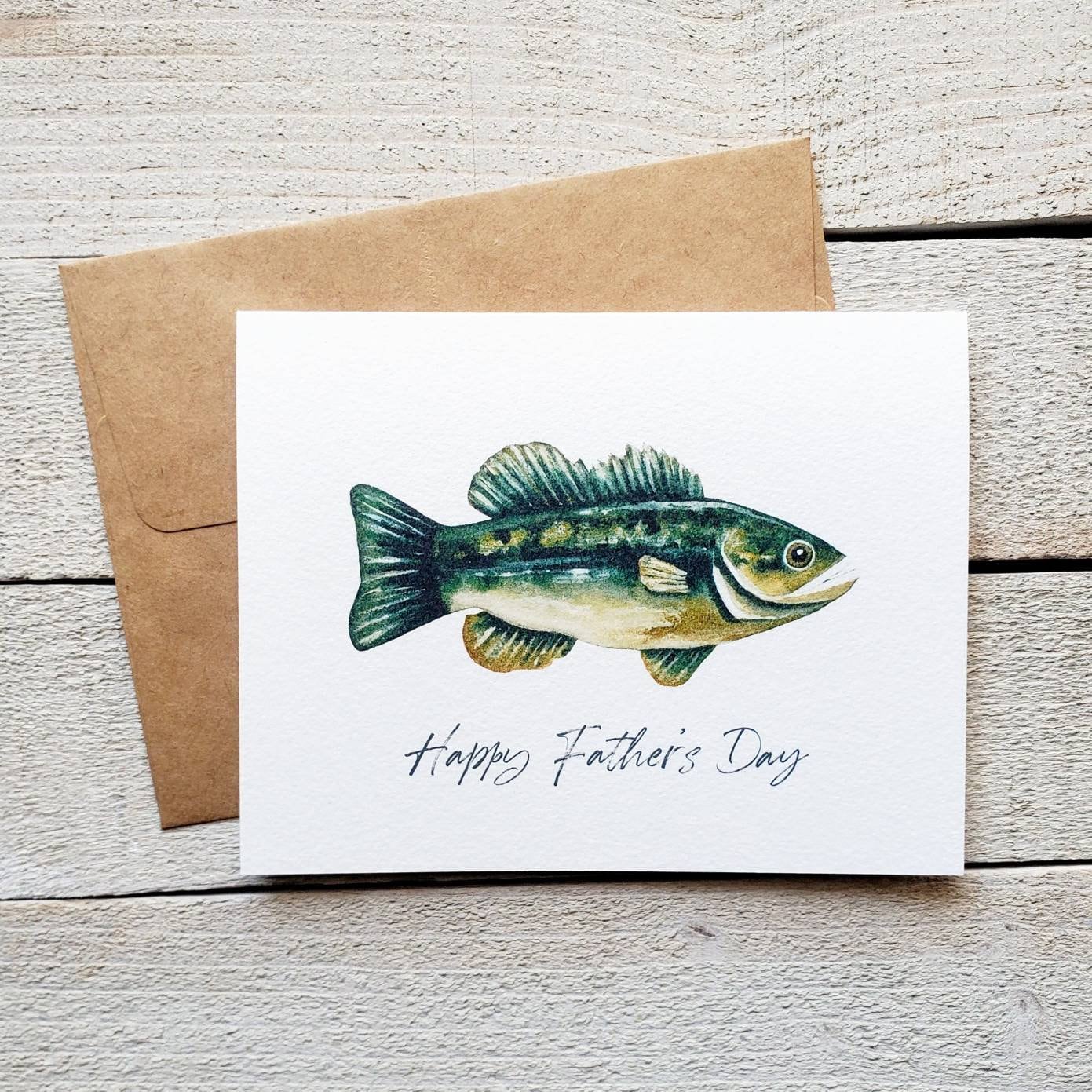 Father’s Day Fish Card, 4.25"x5.5", Watercolor Largemouth Bass, Happy Fathers Day, Nature Fishing Nature Card for Dad, Husband, Brother