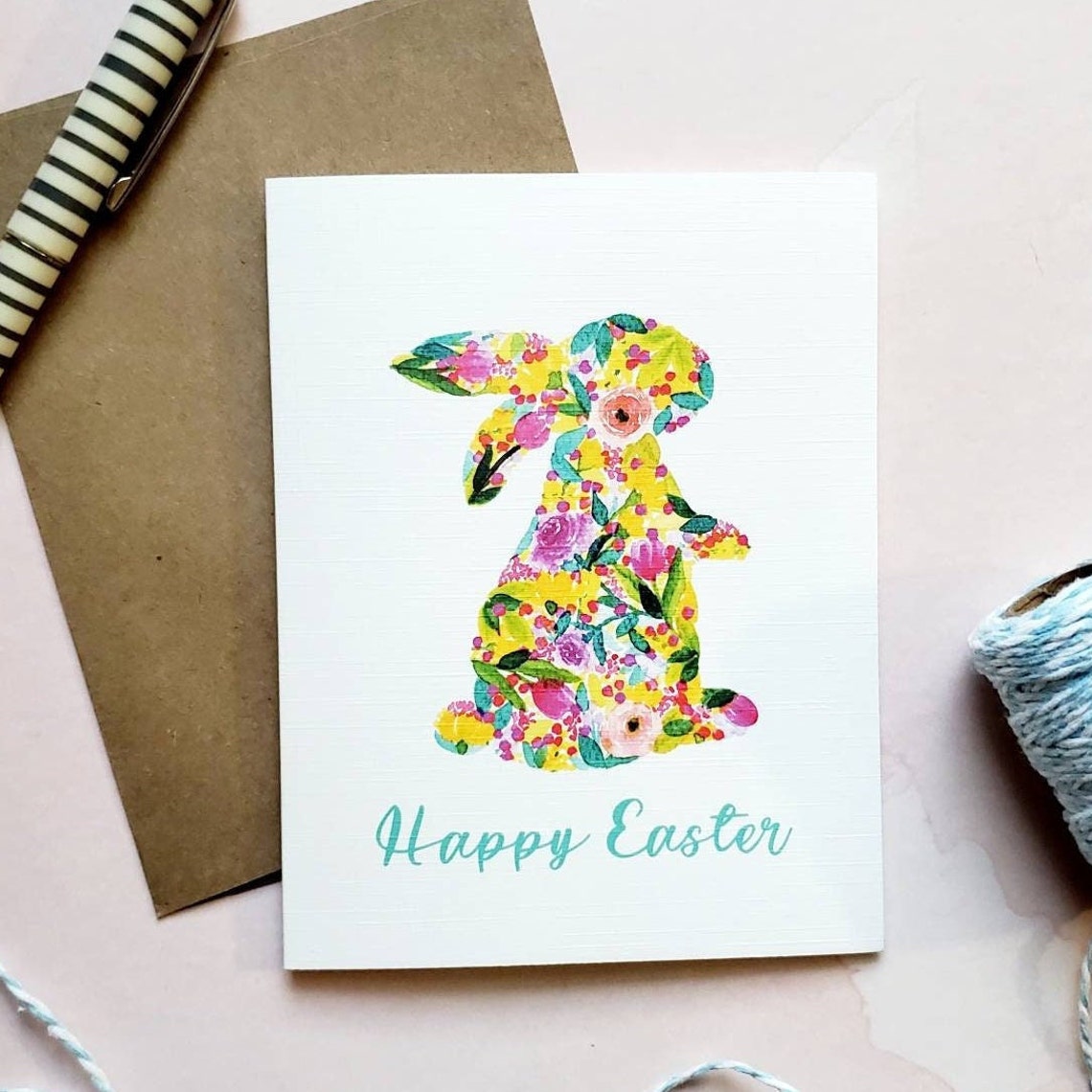 Botanical Easter Bunny Card, Single or Set, Handmade Watercolor Card ...