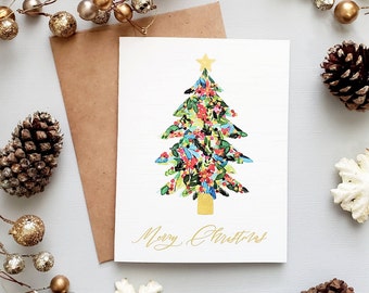 Botanical Watercolor Christmas Tree Holiday Card with Gold Accents, Blank, Size A2, Simple & Pretty Christmas Cards, "Merry Christmas"