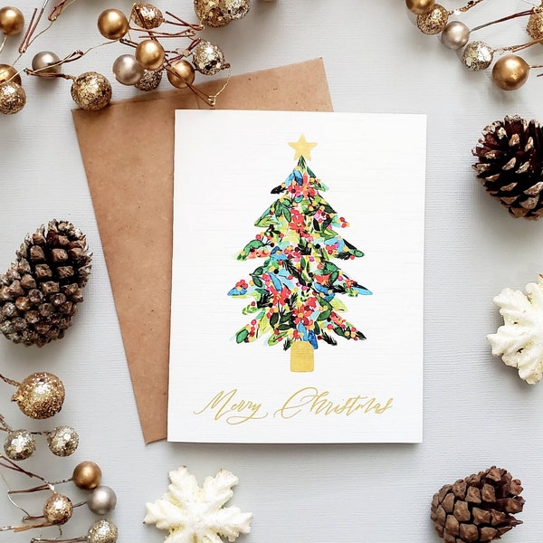 Botanical Watercolor Christmas Tree Holiday Card with Gold Accents, Blank, Size A2, Simple & Pretty Christmas Cards, "Merry Christmas"