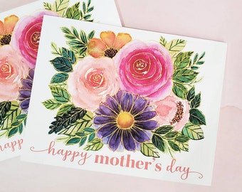 Bright Florals Mother's Day Card, Single or Set, Watercolor & Gold Ink, Handmade Card for Mom, Pretty Flower Bouquet, Happy Mother's Day