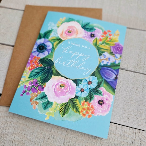 Floral Wreath Birthday Card, Handmade Watercolor Botanical Bday Card, Bright Pastel Spring Flowers, Pretty Blue Card for Friend, Sister, Mom