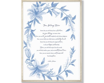 You Belong Here Poem Art Print, Blue Lily Wreath, Family Wall Art, Adoption Gift, Gift for Teen, Child, Nursery Art, Blue Floral Wall Decor
