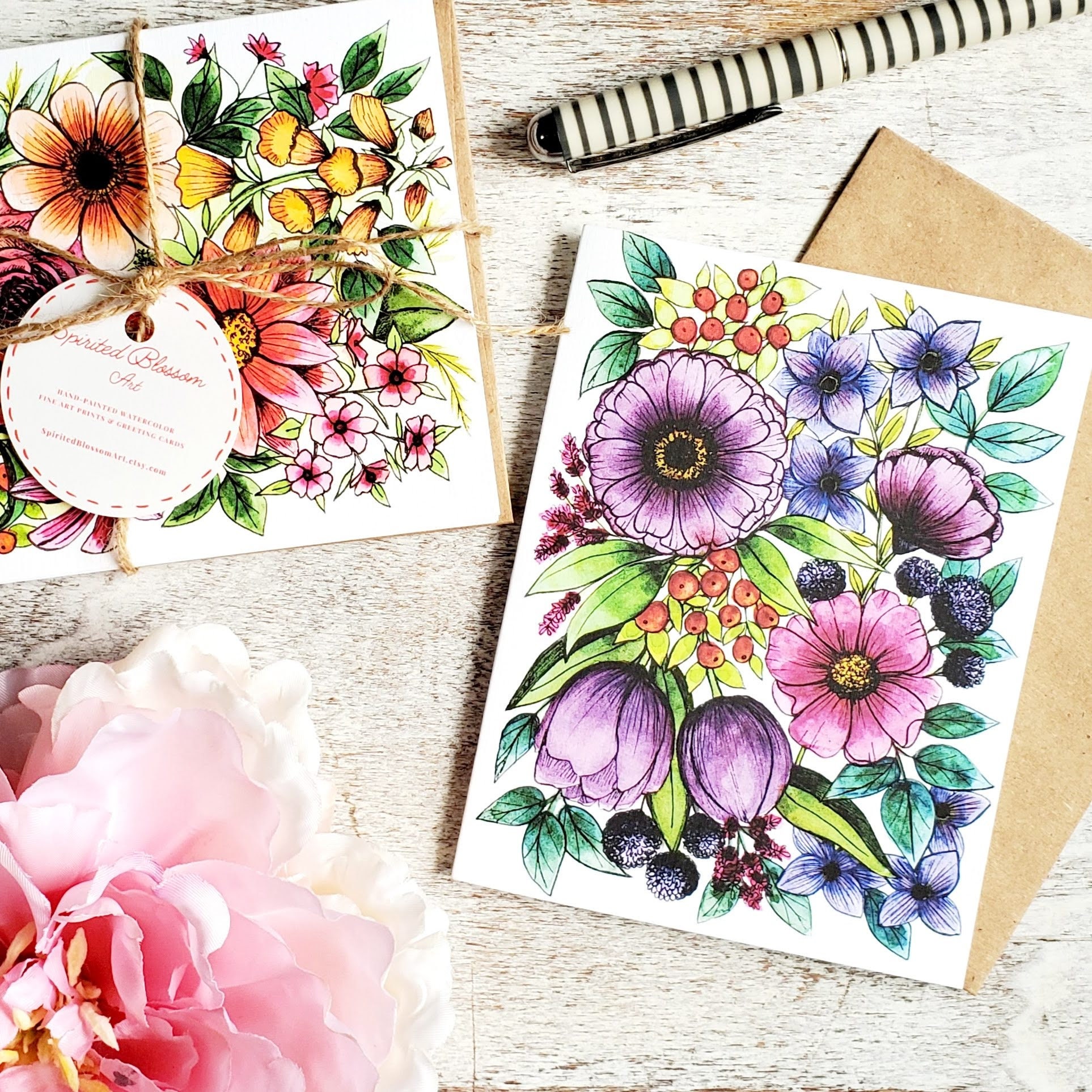 Set of 6 or 12 Wildflower Greeting Cards, Size A2 Watercolor & Ink ...