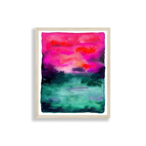 Colorful Abstract Watercolor Fine Art Print, Pink Sky, Teal Water, Various Sizes, Vibrant Modern Wall Art, Abstract Ocean Beach House Decor