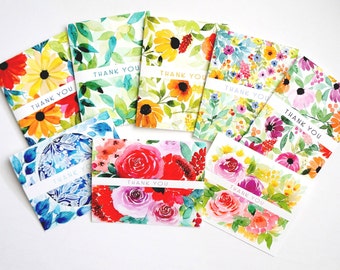 Set of 8 Thank You Cards, Assorted Blank Cards, Size A2, Floral Thank You Card Bundle, Handmade Botanical Watercolor Cards, Gift Idea