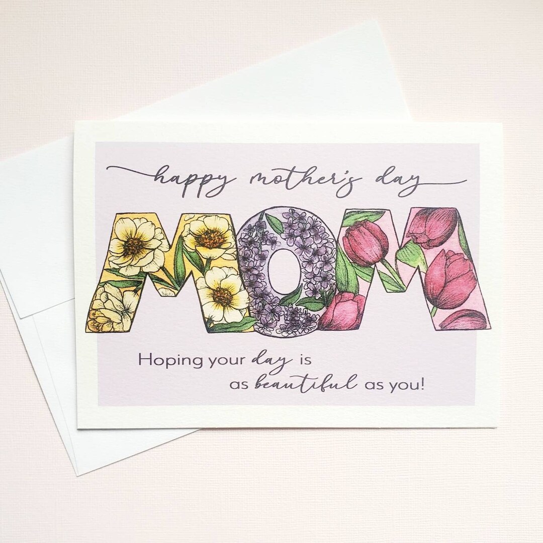 Mother's Day Floral MOM Card, 5x7, Pretty Handmade Watercolor & Ink ...