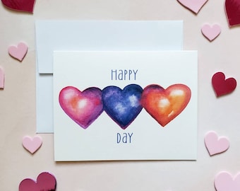 Watercolor Hearts Valentine's Card, Single or Set, Happy Heart Day, 3 Hearts, Nice Valentines Card for Friends or Kids, Handmade Love Card